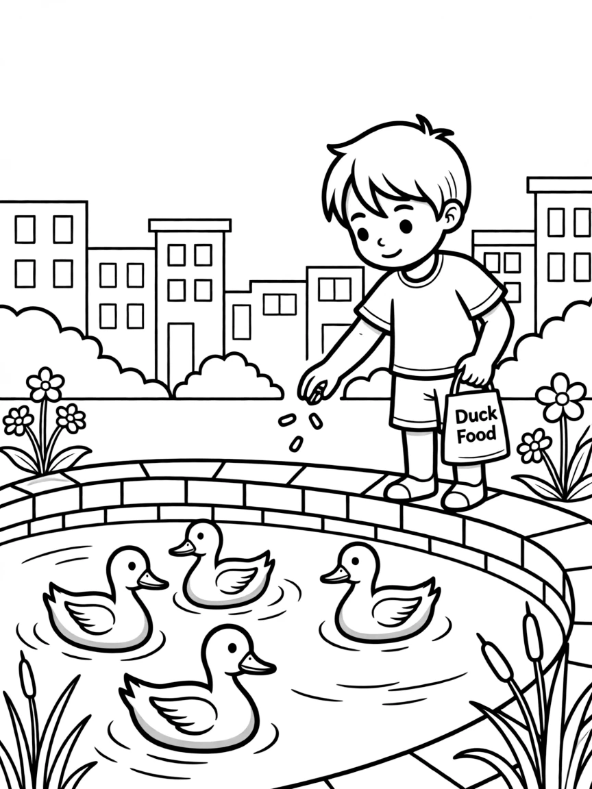 (France) A child feeding ducks in a city pond
