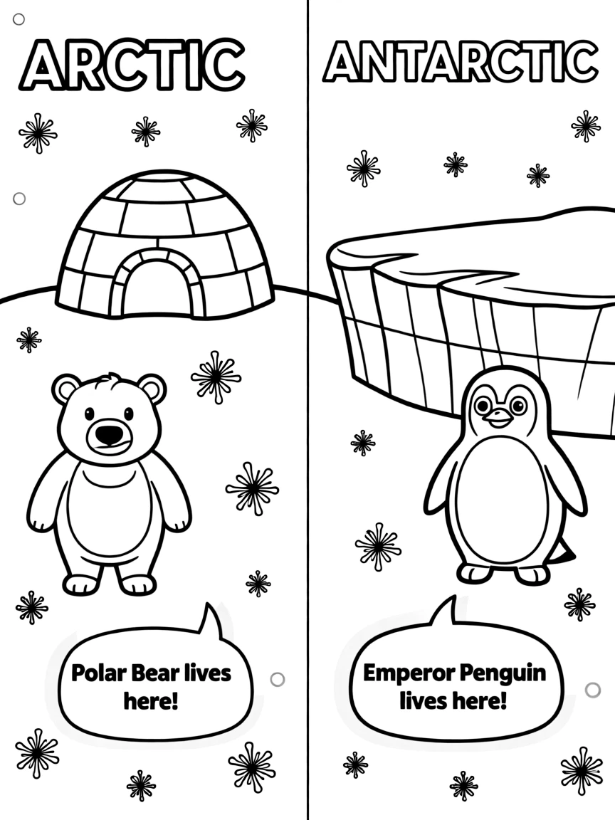 A split-scene coloring page divided by a vertical line down the middle: left side labeled 'ARCTIC' with a cartoon polar bear standing near an igloo with a small speech-bubble text below reading 'Polar Bear lives here!'; right side labeled 'ANTARCTIC' with a cartoon penguin standing near an ice shelf, with a small speech-bubble text below reading 'Emperor Penguin lives here!'. Snowy ground and a few falling snowflakes on both sides.