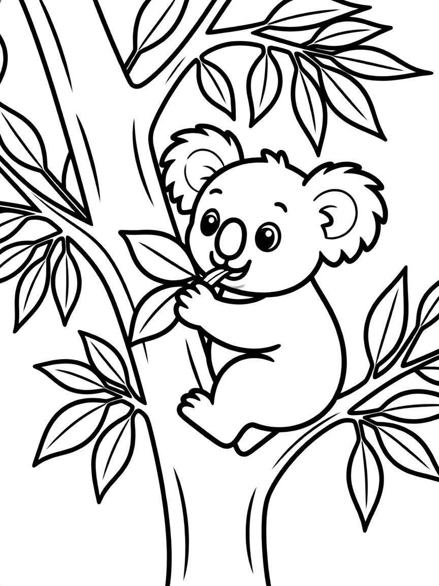 (Australia) A cute koala bear climbing a eucalyptus tree and munching leaves.