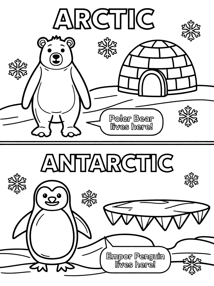 A split-scene coloring page divided by a horizontal line down the middle: top part labeled 'ARCTIC' with a cartoon polar bear standing near an igloo with a small speech-bubble text below reading 'Polar Bear lives here!'; bottom part labeled 'ANTARCTIC' with a cartoon penguin standing near an ice shelf, with a small speech-bubble text below reading 'Emperor Penguin lives here!'. Snowy ground and a few falling snowflakes on both sides.