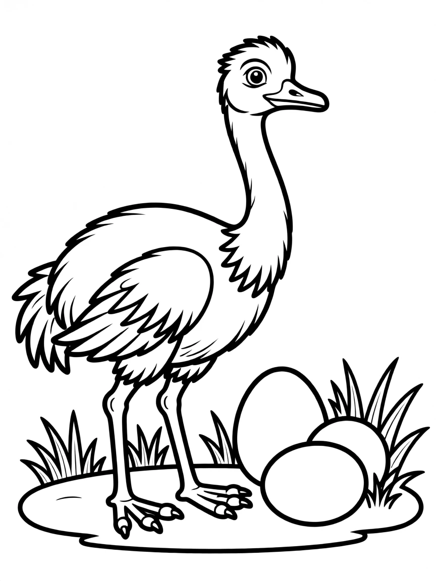 (Australia) A tall emu bird standing next to its large eggs on the ground.
