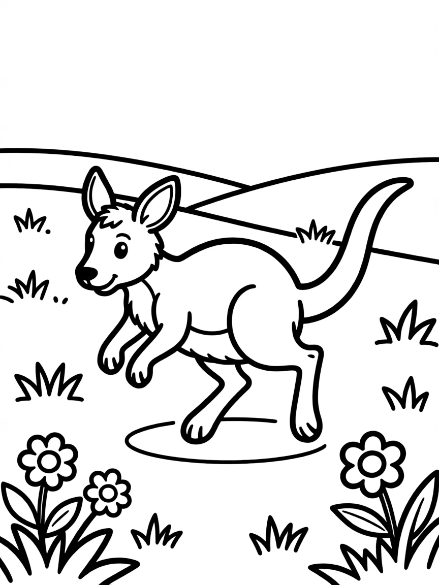 (Australia) A wallaby (a small kangaroo) hopping across a grassy field.