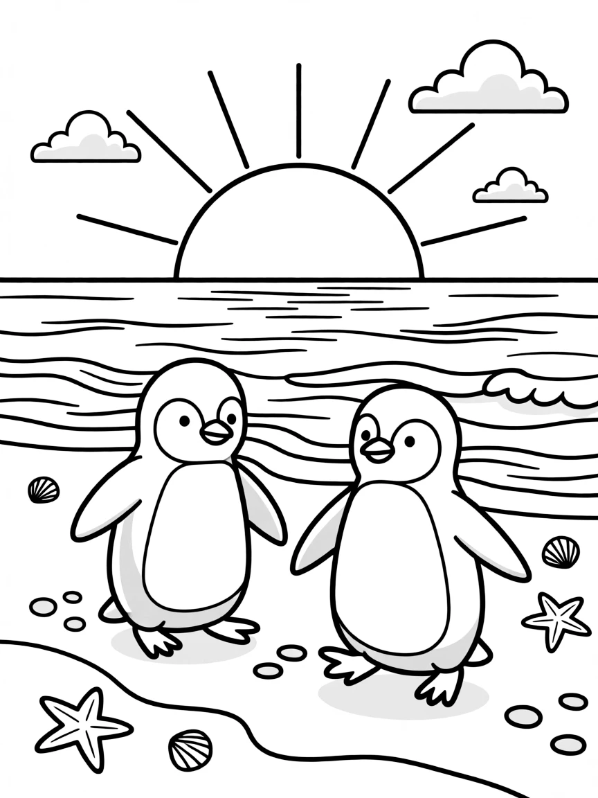 (Australia) Two little penguins waddling on a beach at sunset.