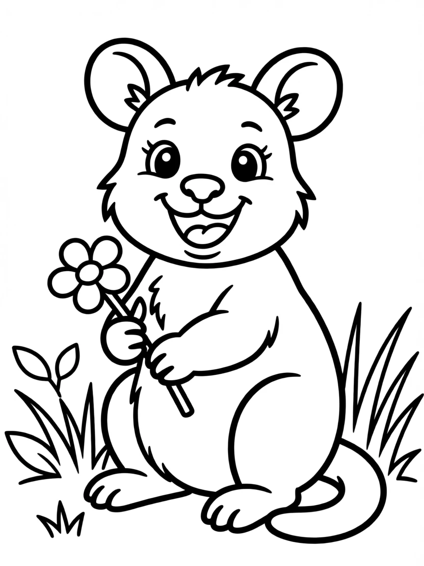 (Australia) A quokka (a small marsupial) smiling and holding a flower.