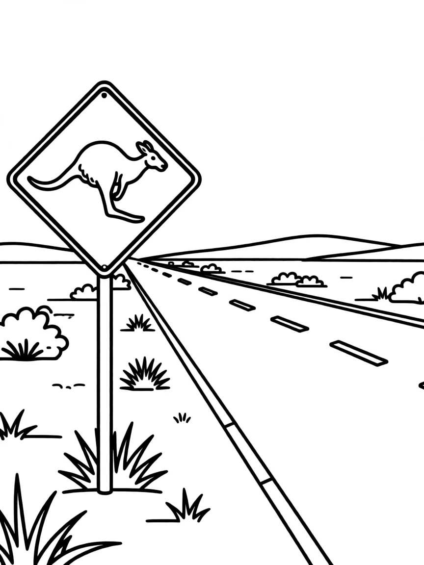 (Australia) A kangaroo crossing road sign on a long empty outback highway.