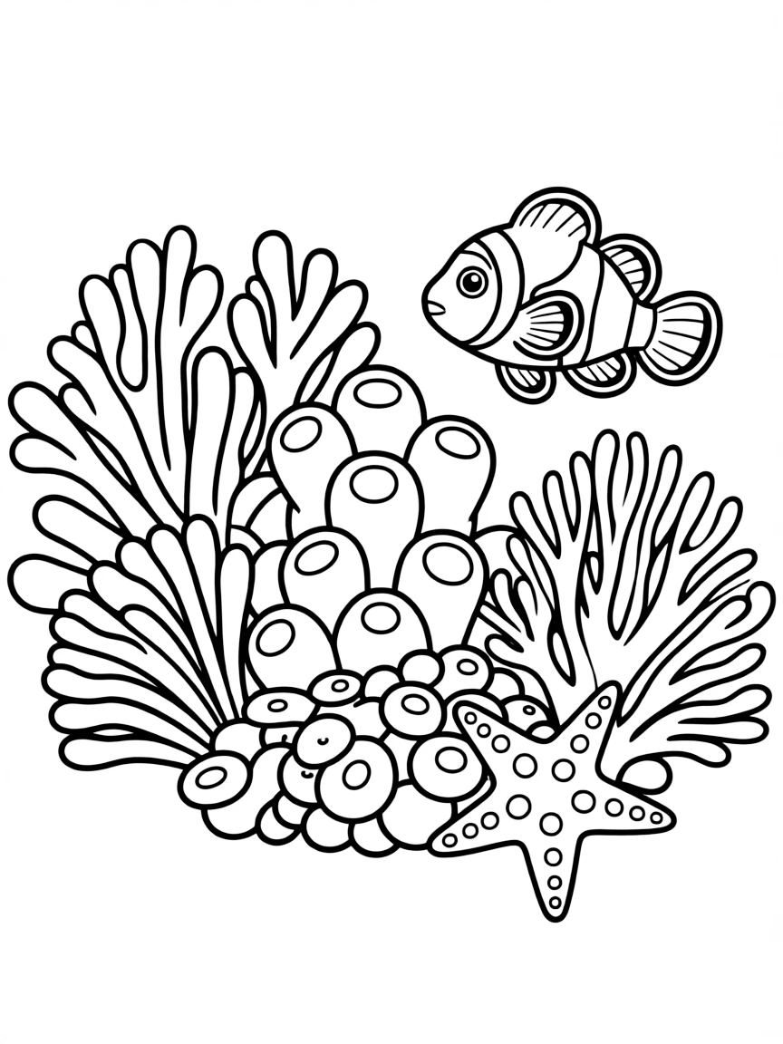 (Australia) A Great Barrier Reef scene with coral, a clownfish, and a starfish.