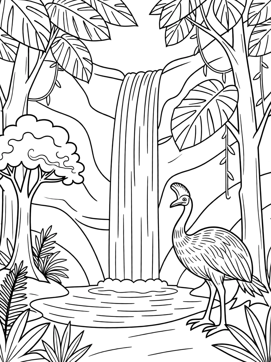 (Australia) A lush rainforest with a waterfall and a bright cassowary bird among the trees.