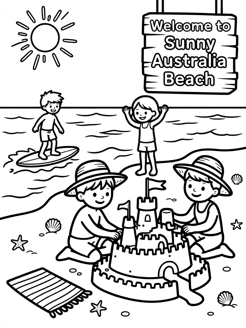 (Australia) A sunny beach with children surfing and building a sandcastle in the sand.