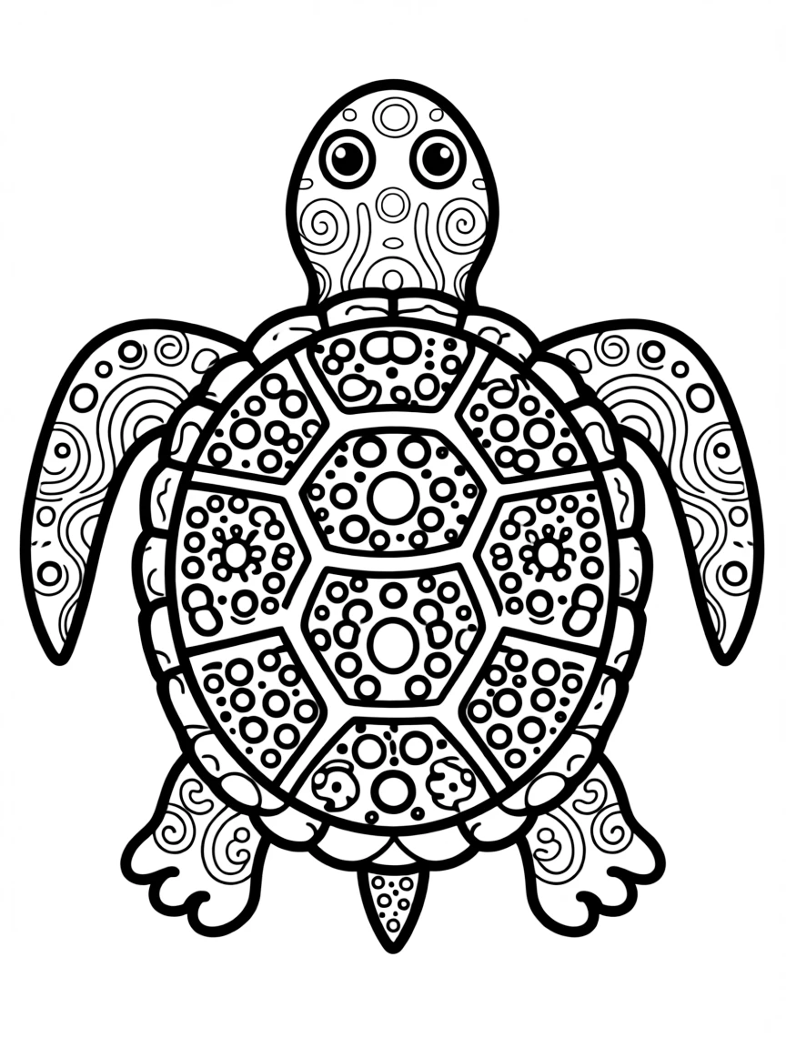 (Australia) An outline of a turtle filled with Aboriginal dot art patterns to color in.