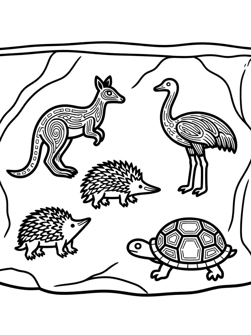 (Australia) Ancient Aboriginal rock art paintings of animals on a cave wall.