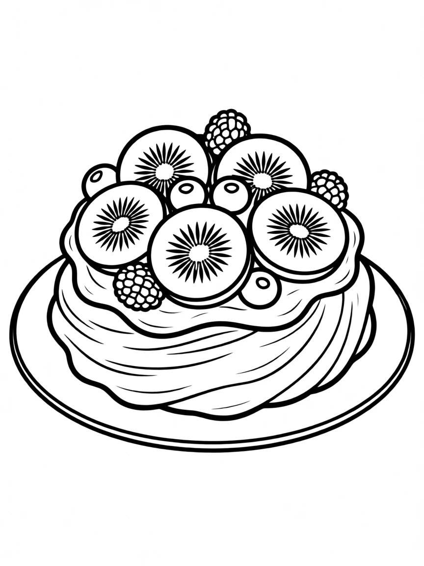(Australia) A pavlova dessert topped with kiwi slices and berries.
