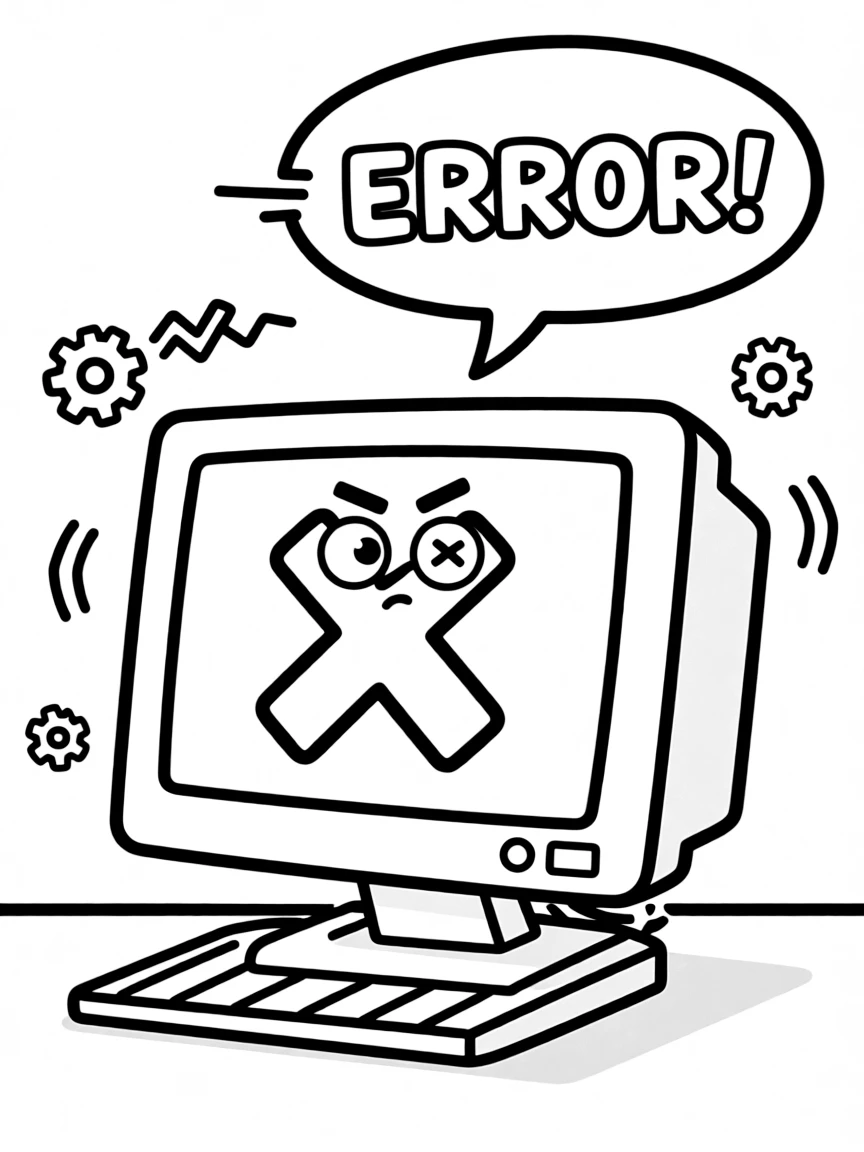 A friendly cartoon computer screen character with a big 'X' or exclamation mark on its face like a confused expression, small round eyes looking cross-eyed, a speech bubble above reading 'ERROR!' in bold cartoon letters, little zigzag glitch lines and tiny broken-gear icons floating around it.
