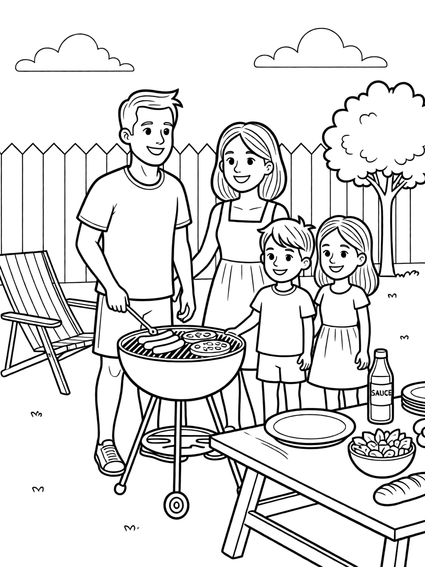 (Australia) A family having a backyard barbecue (Aussie “barbie”) and grilling food.