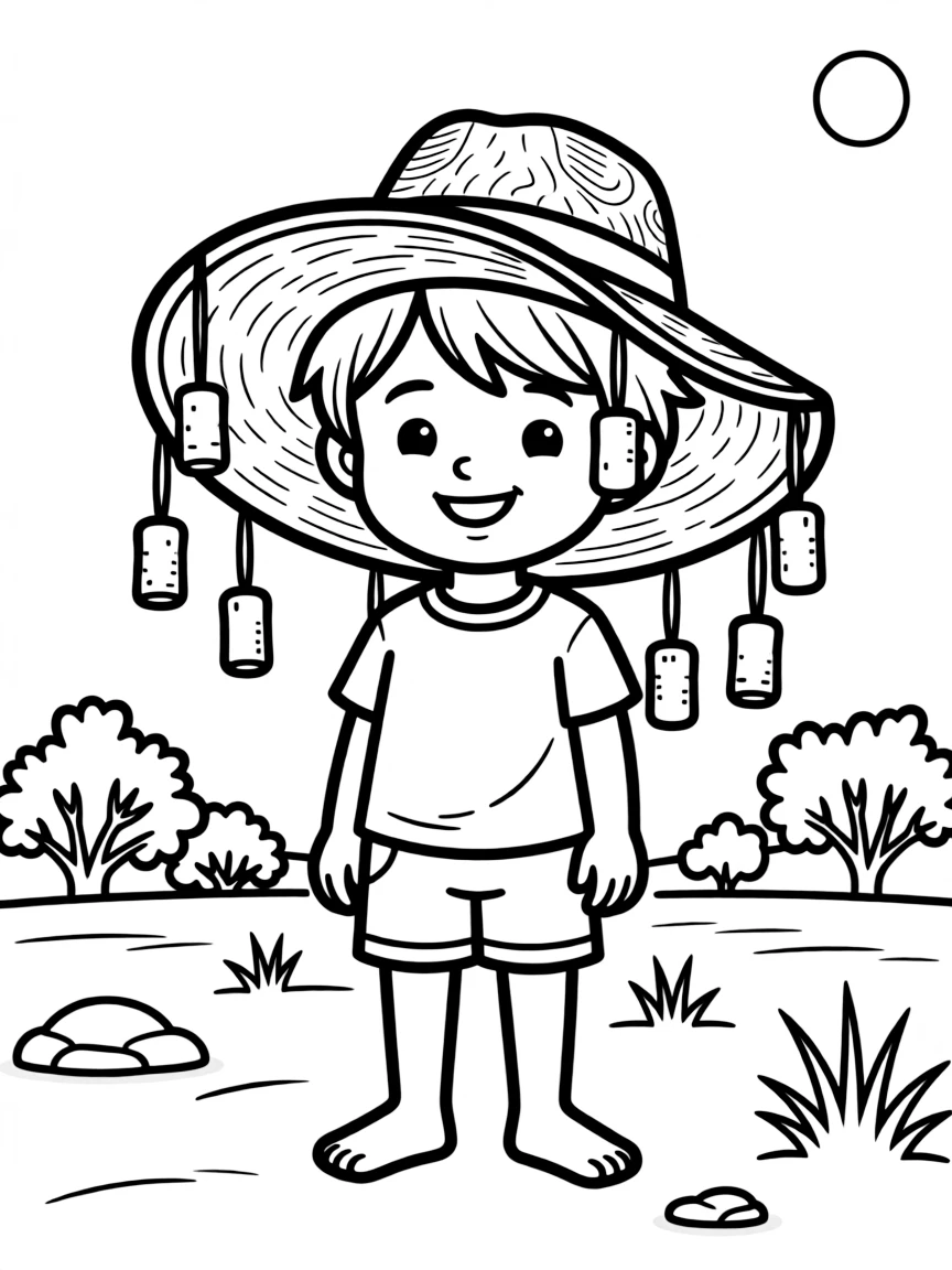 (Australia) A child wearing a cork hat (hat with dangling corks) to keep flies away in the outback.