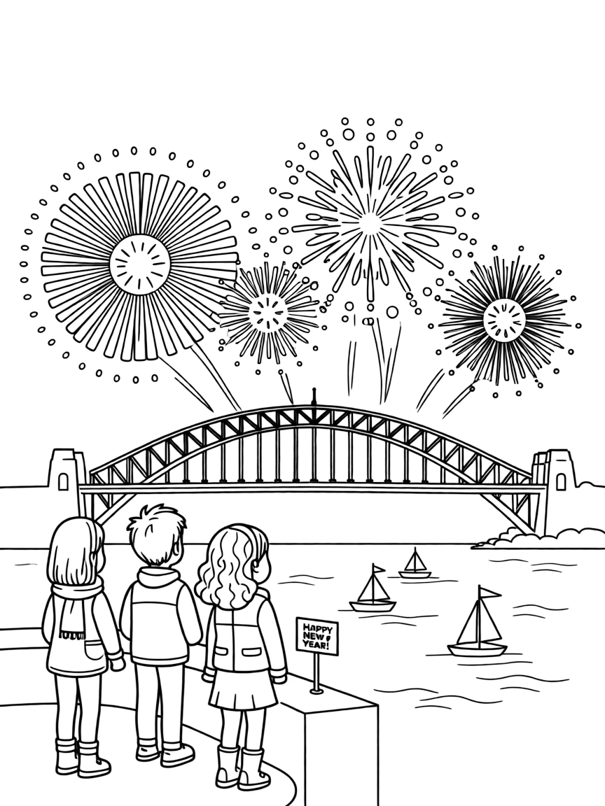 (Australia) Kids watching New Year’s Eve fireworks light up the sky over Sydney Harbour.