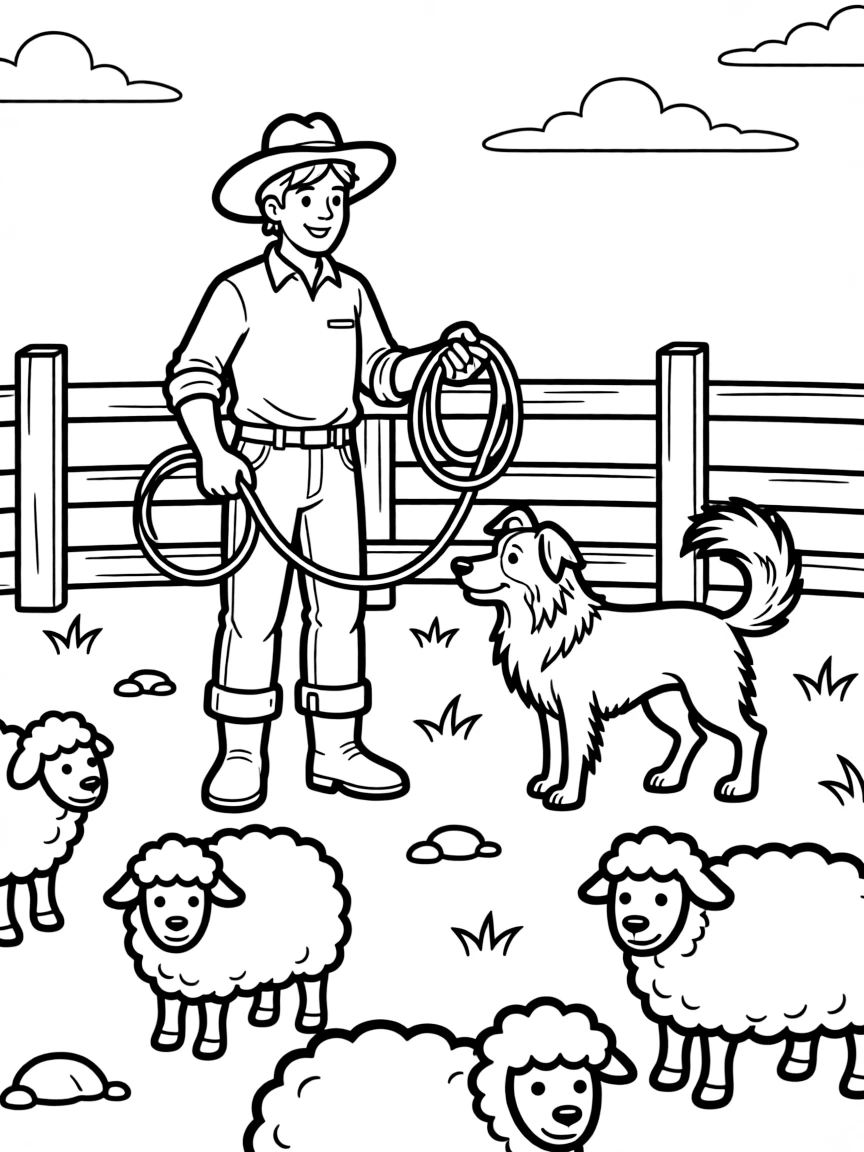 (Australia) A farmer on a ranch rounding up sheep with the help of a sheepdog.
