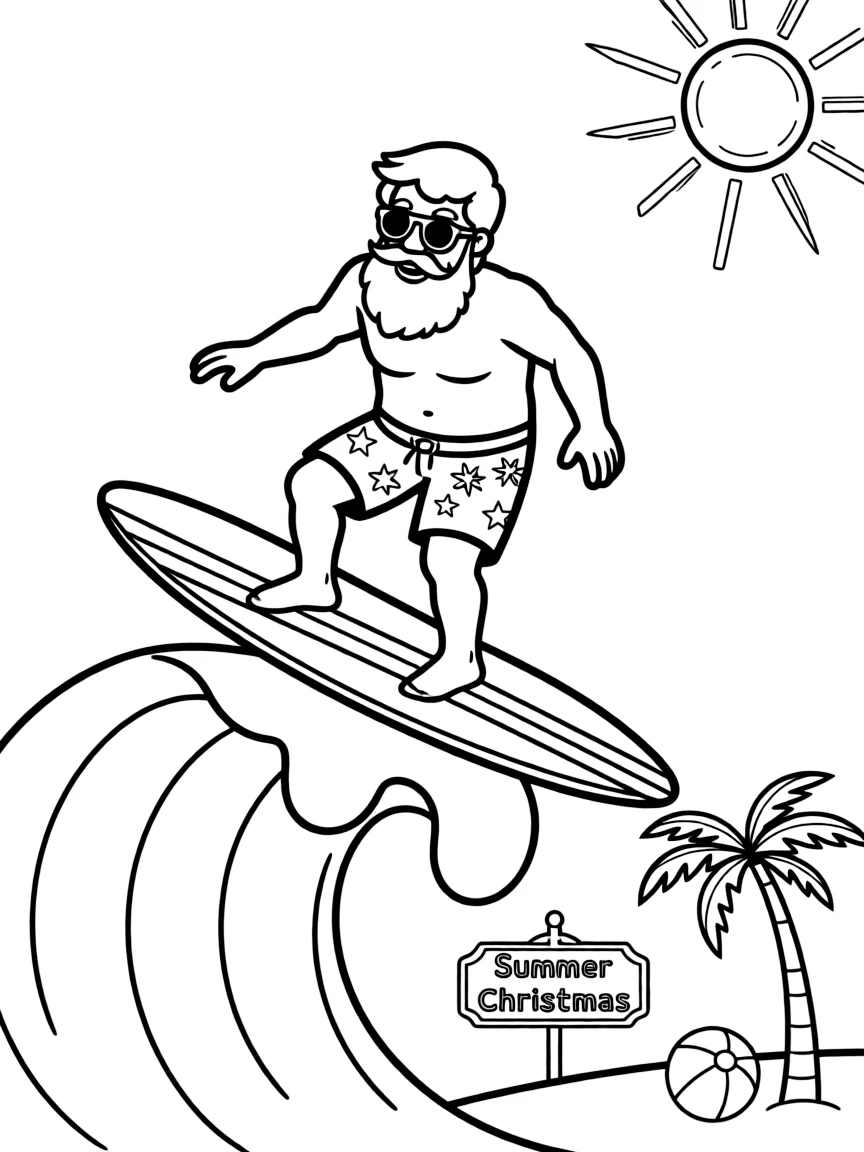 (Australia) Santa Claus surfing on a wave in shorts and sunglasses for a summer Christmas.