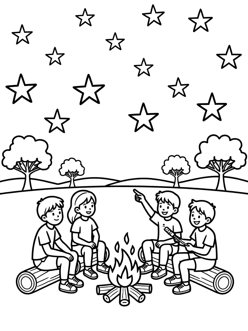 (Australia) Campers telling stories around a campfire under a starry outback sky.