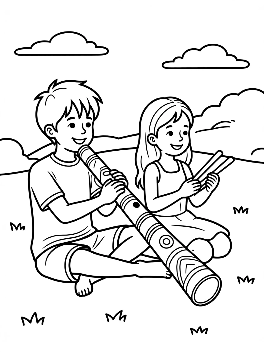 (Australia) Children playing a didgeridoo and clapping sticks at a cultural performance.