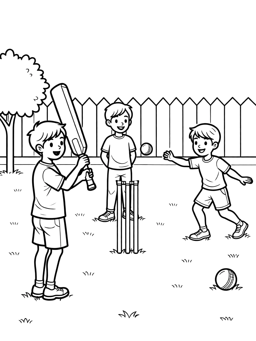 (Australia) Children playing a game of cricket in a grassy backyard.