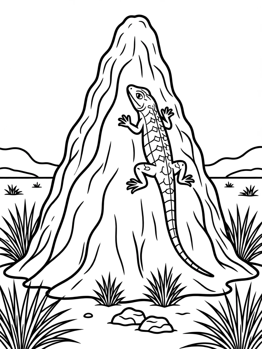 (Australia) A giant termite mound in the outback with a lizard climbing on it.