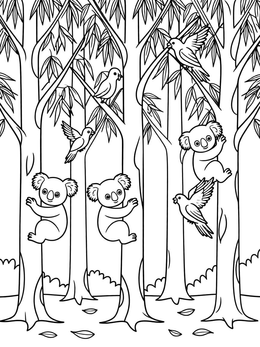 (Australia) A eucalyptus forest filled with koalas and colorful birds in the trees.