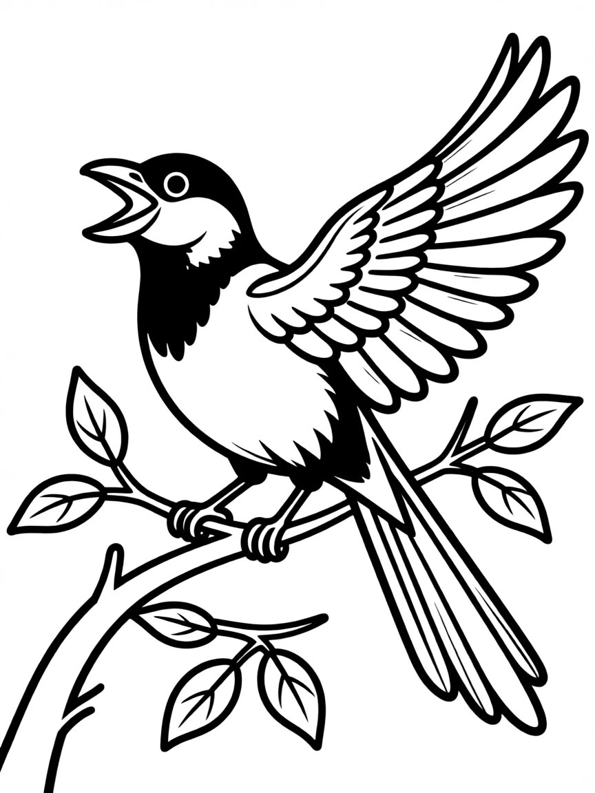 (South Korea) A black-and-white magpie perched on a branch, singing happily.
