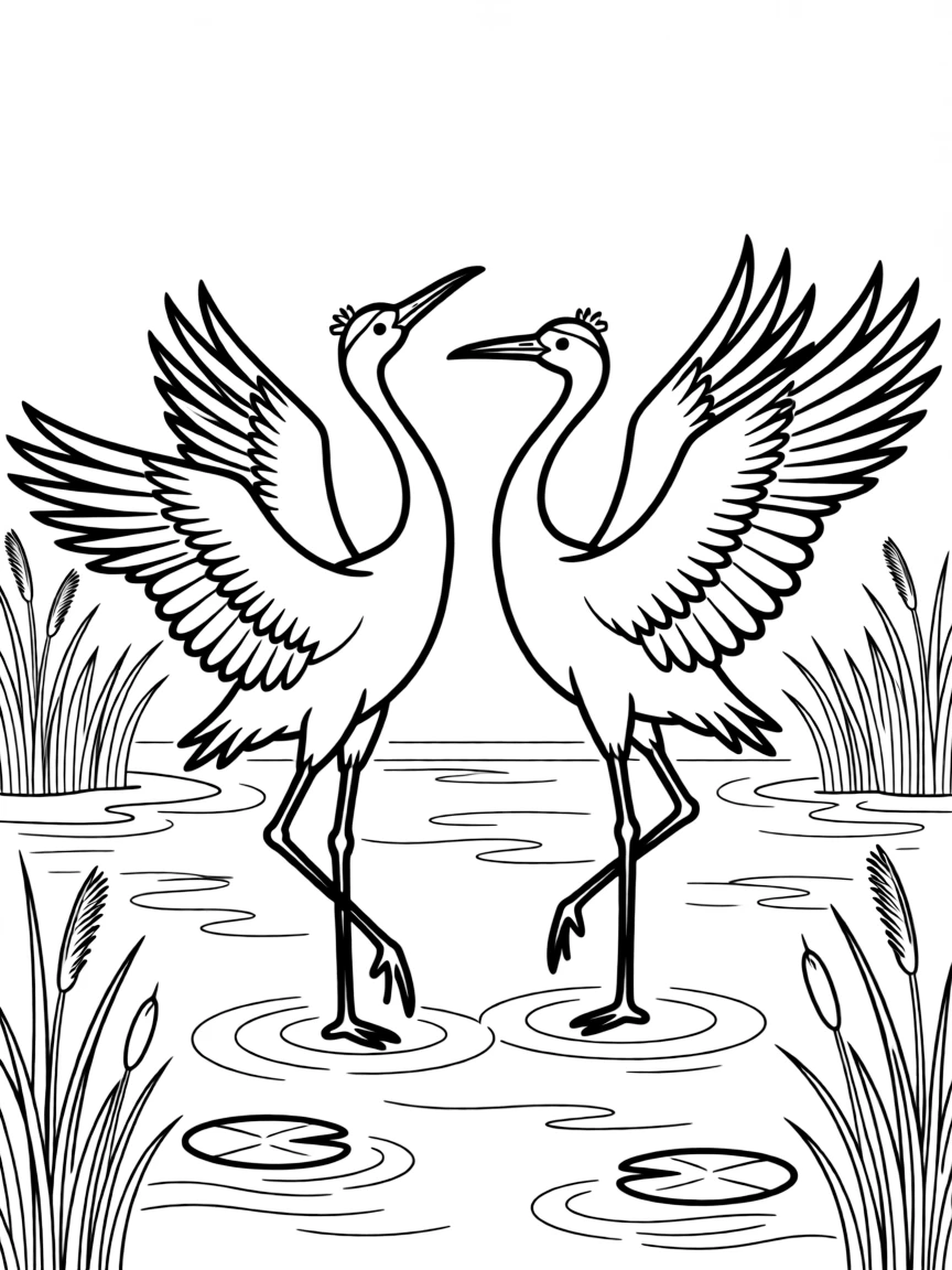 (South Korea) Two red-crowned cranes dancing together in a quiet marsh.