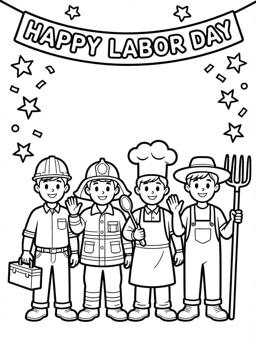 A cheerful scene celebrating Labor Day: a cartoon group of workers in different jobs — a construction worker with a hard hat and toolbox, a firefighter with a helmet, a chef with a tall hat, and a farmer with a pitchfork — standing together in a row, each giving a thumbs up or waving, with a small banner overhead reading 'HAPPY LABOR DAY' in bold cartoon letters, a few stars and confetti pieces scattered around.