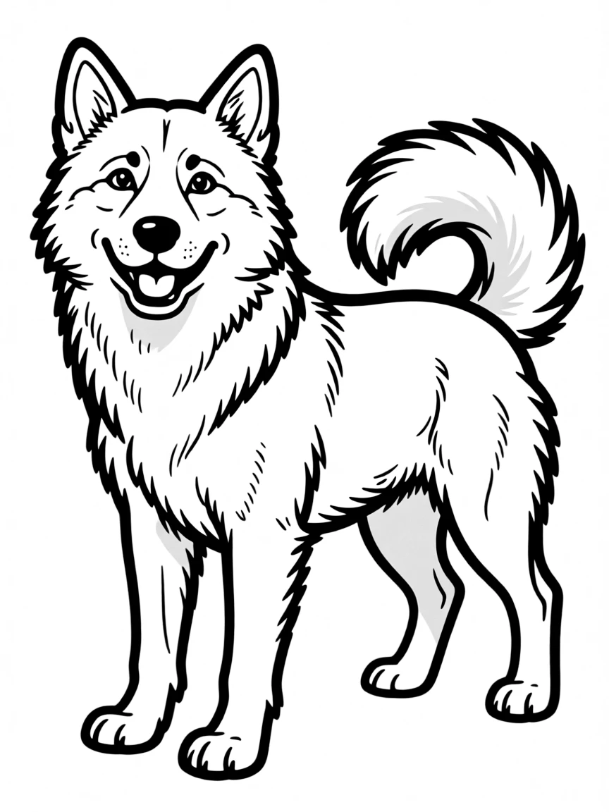 (South Korea) A loyal Jindo dog standing proudly with its fluffy tail wagging.