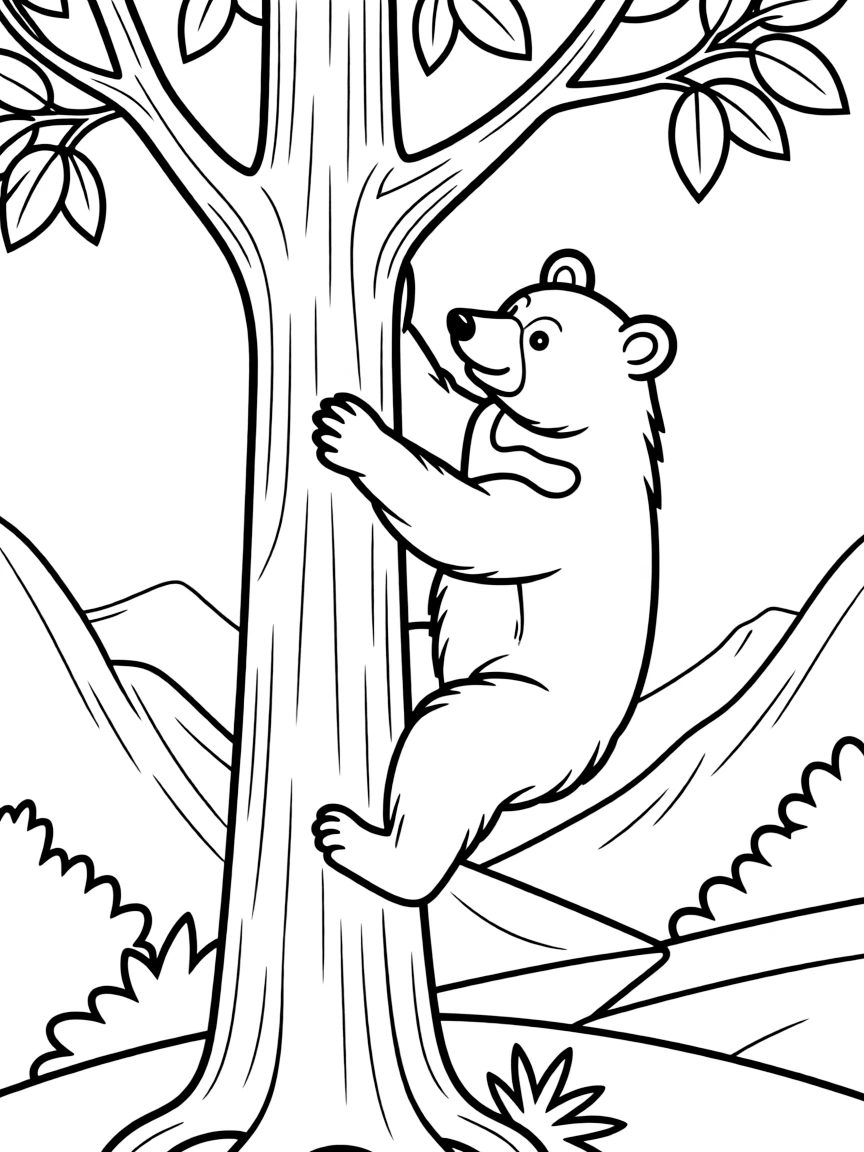 (South Korea) An Asiatic black bear (moon bear) climbing a tree in the mountains.