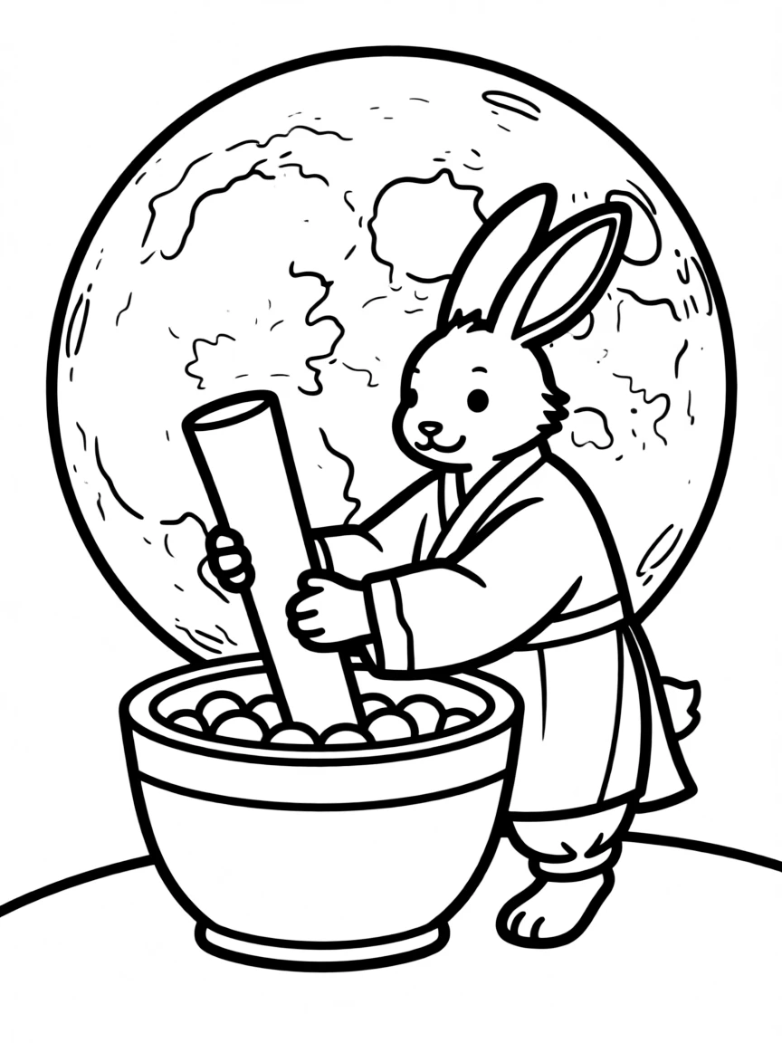 (South Korea) The legendary moon rabbit pounding sticky rice cakes under a full moon.