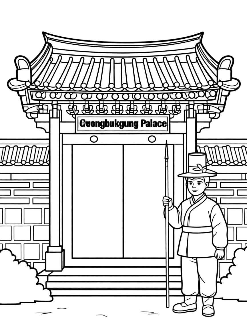 (South Korea) Gyeongbokgung Palace in Seoul with a colorful guard standing at its gate.