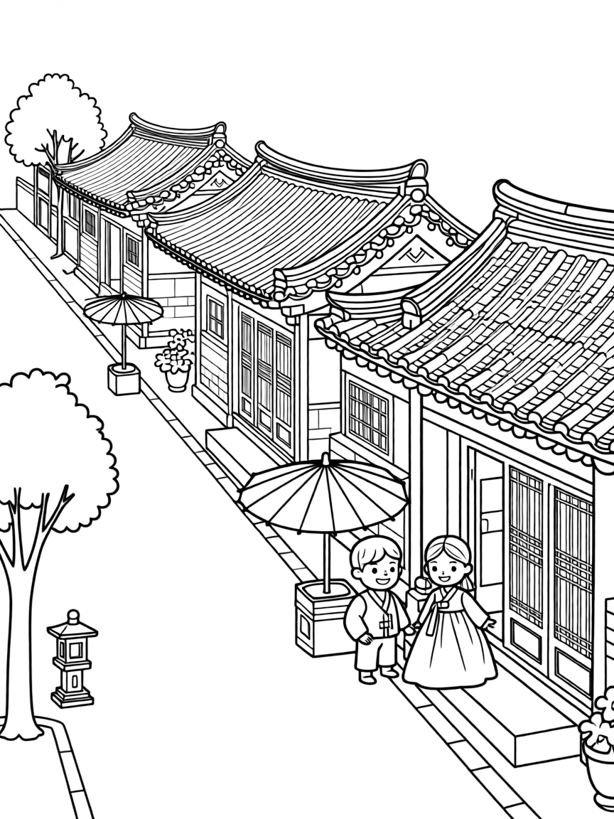 (South Korea) A street of traditional hanok houses with curved tiled roofs.