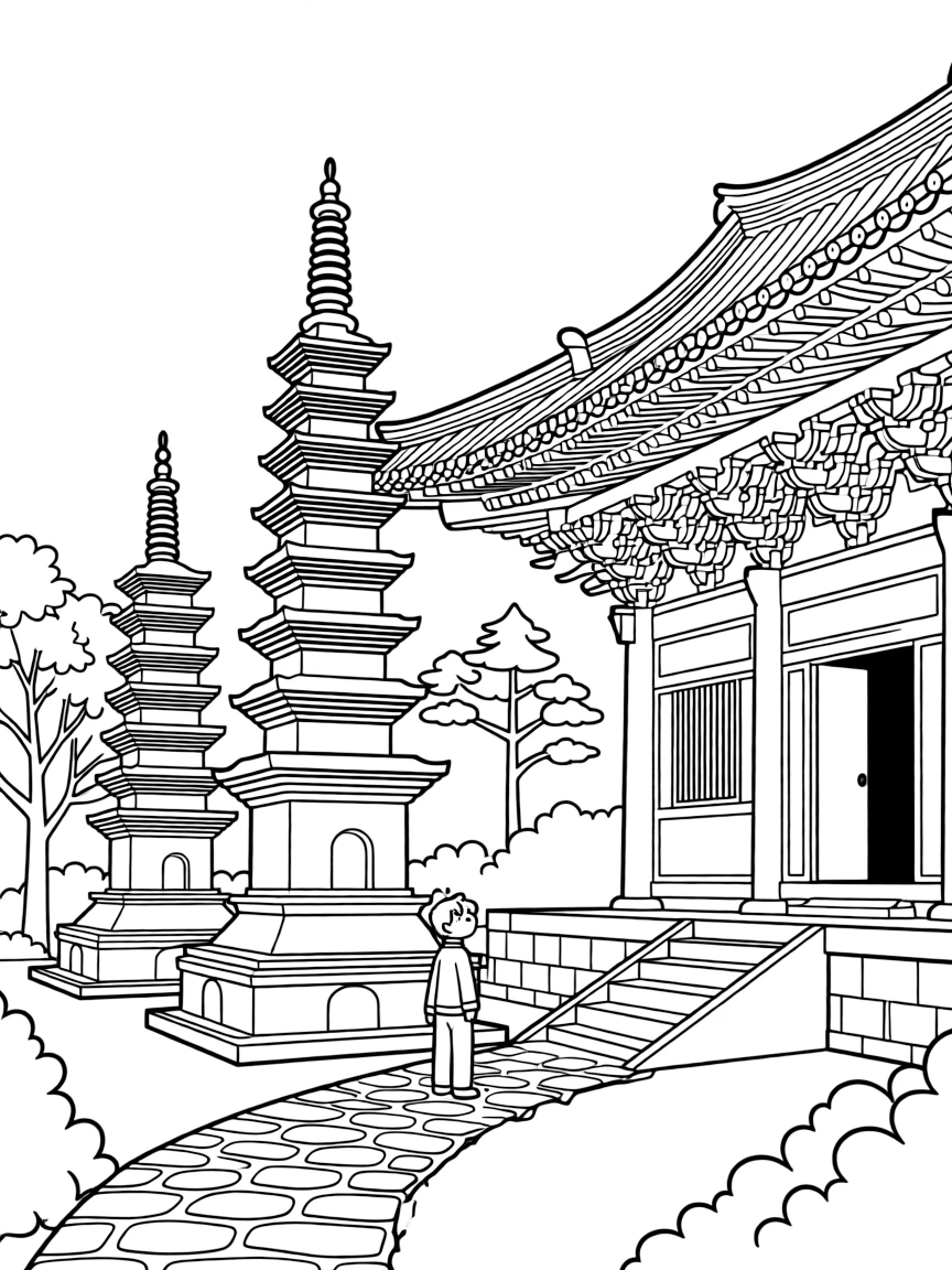 (South Korea) Bulguksa Temple with its stone pagodas and ornate architecture.