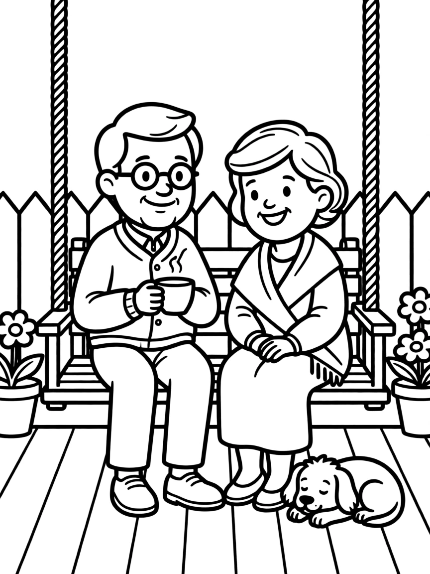 A cheerful cartoon senior couple sitting together on a porch swing, the grandfather with glasses and a cardigan holding a cup of tea, the grandmother with a shawl and a warm smile, a small dog resting at their feet, potted flowers and a garden fence in the background.