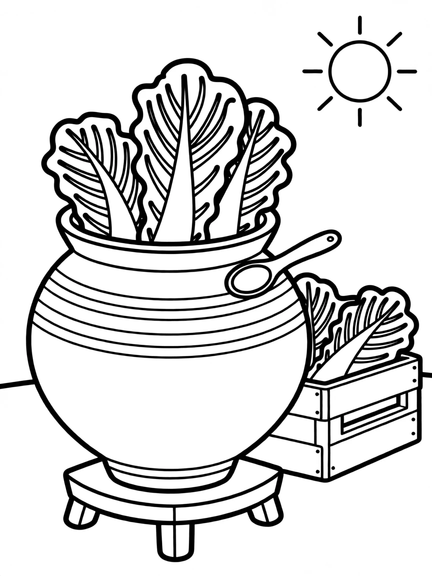 (South Korea) A large clay jar (onggi) filled with kimchi cabbage fermenting in the sun.