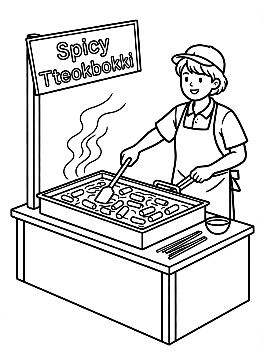 (South Korea) A street vendor cooking spicy tteokbokki rice cakes in red sauce at a market stall.