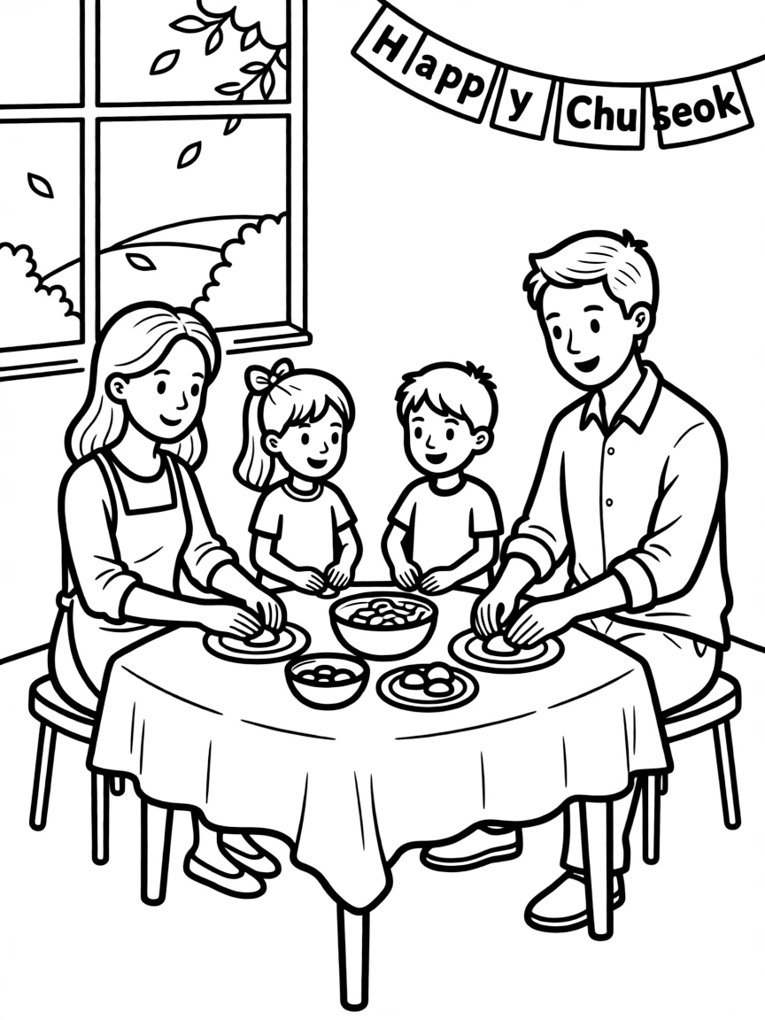 (South Korea) A family making songpyeon (half-moon rice cakes) together for the Chuseok festival.