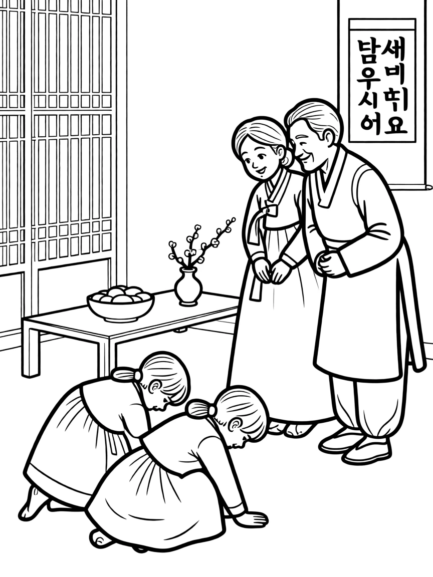 (South Korea) Children in hanbok performing a deep New Year’s bow (sebae) to their grandparents.
