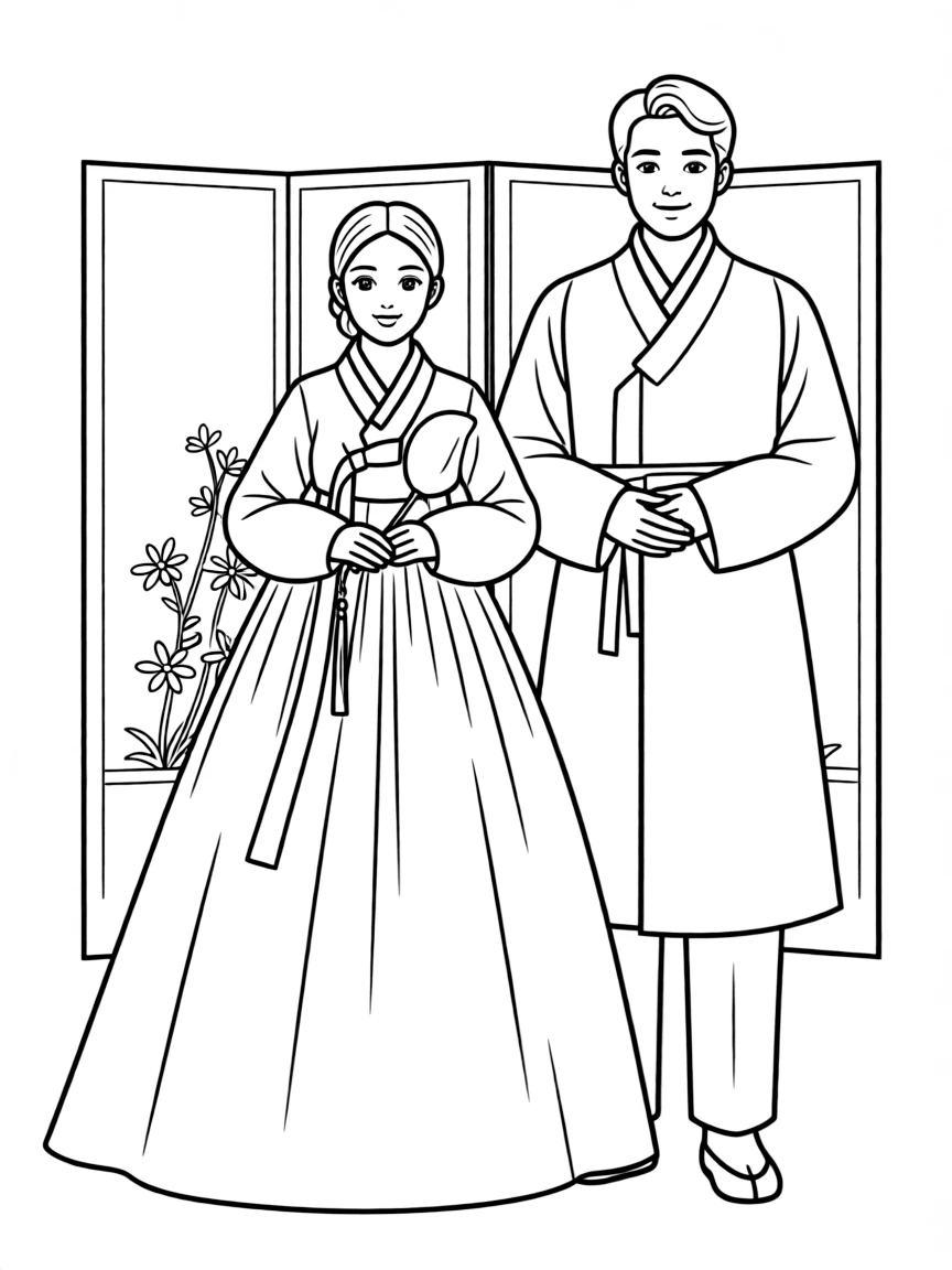 (South Korea) A bride and groom wearing elegant traditional Korean wedding hanbok outfits.