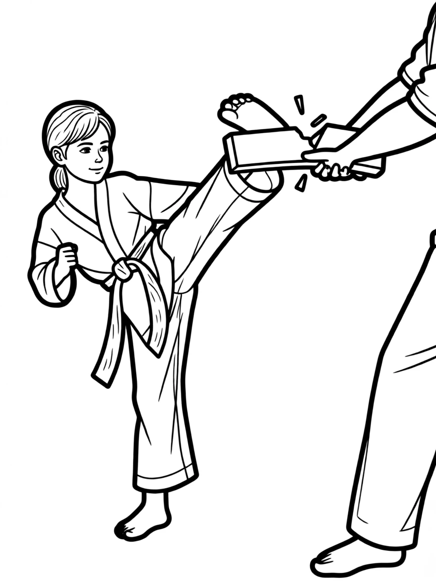 (South Korea) A focused Taekwondo student breaking a wooden board with a high kick.