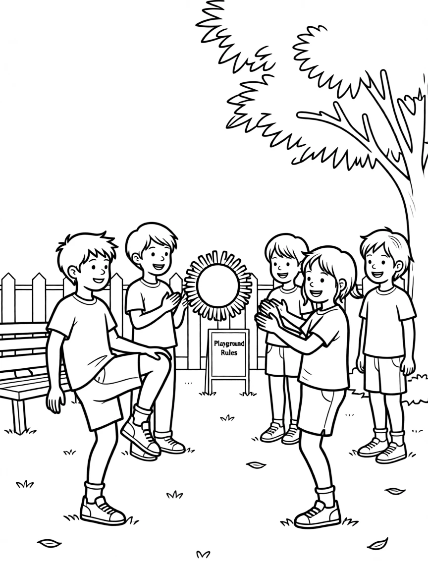 (South Korea) Kids playing jegichagi (a Korean hacky sack game) together in a playground.
