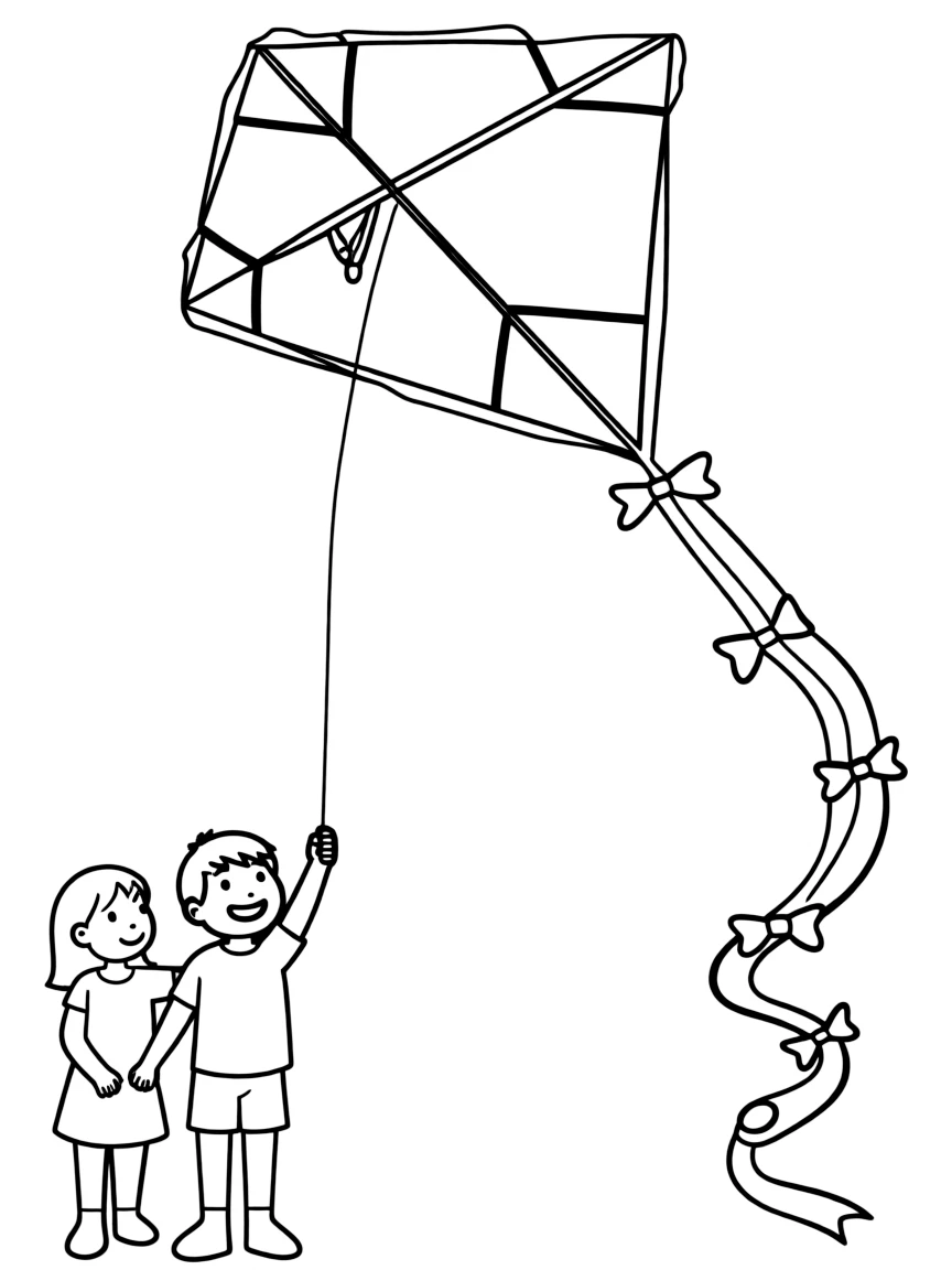 (South Korea) Children flying a traditional Korean rectangle kite high up in the sky.