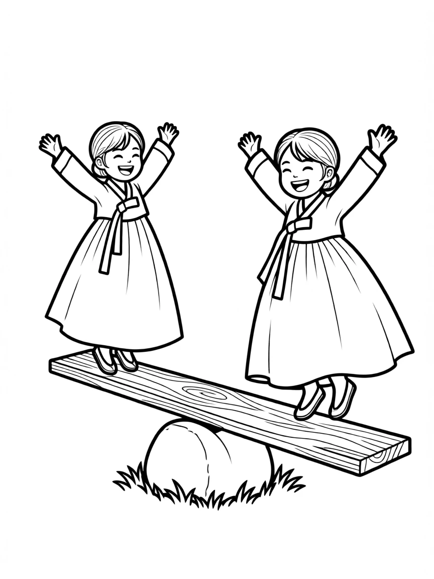 (South Korea) Two girls in hanbok playing neolttwigi (a seesaw game) and jumping high in the air.