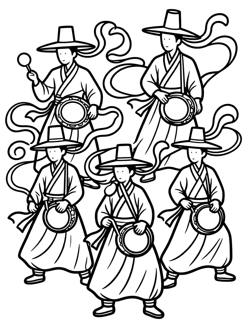 (South Korea) Musicians playing samulnori drums with long ribboned hats swirling as they move.
