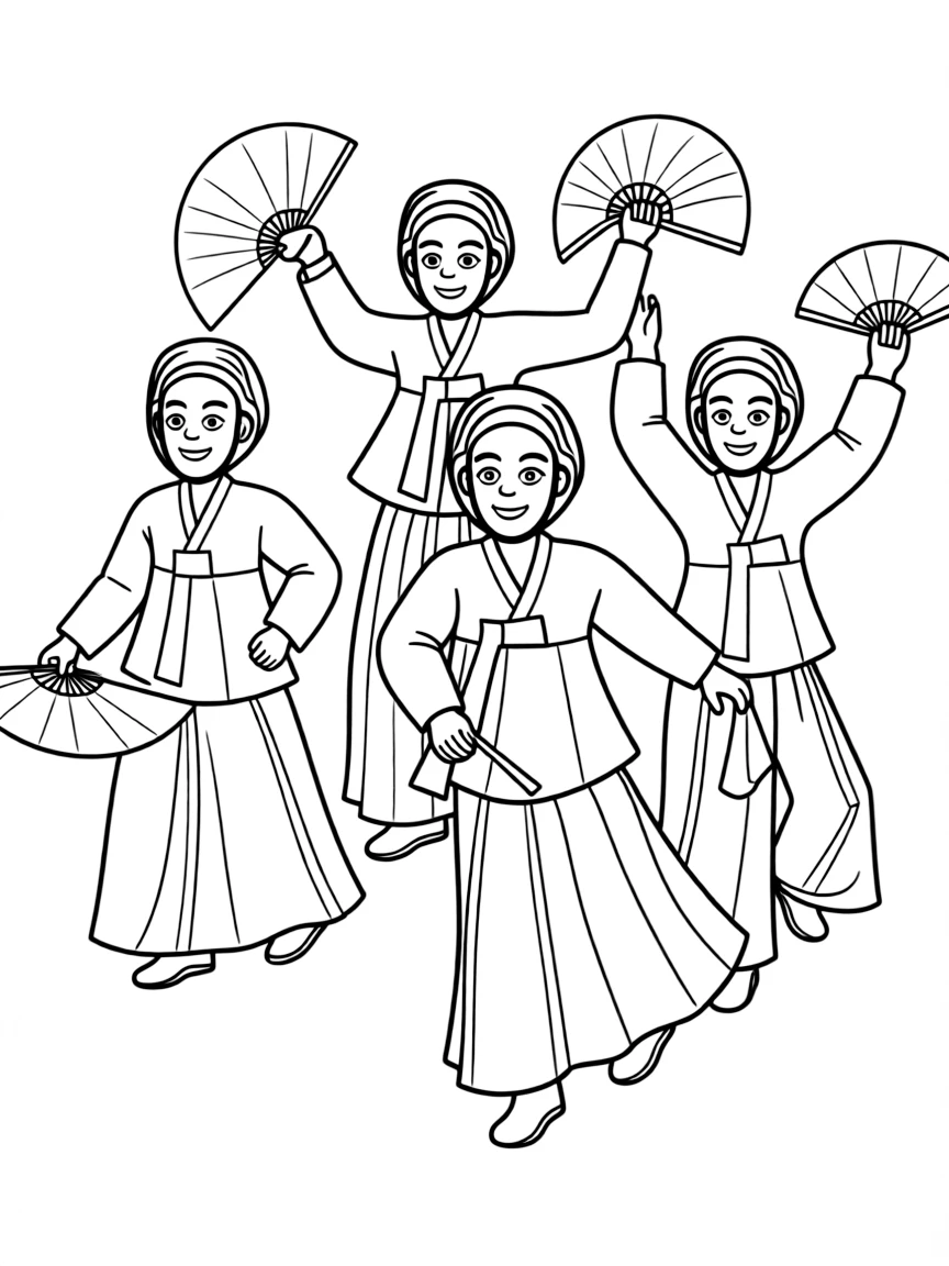 (South Korea) Dancers wearing Hahoe masks performing a lively traditional mask dance (talchum).