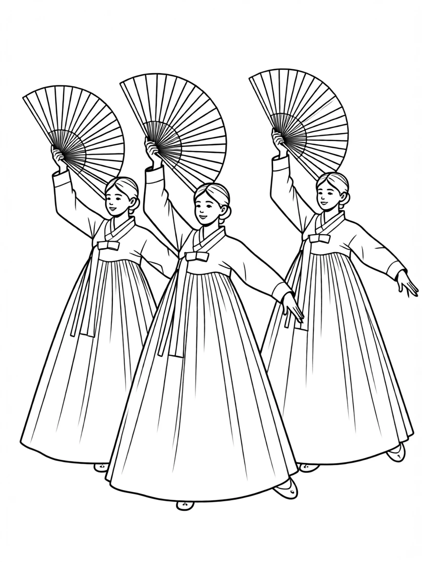 (South Korea) Graceful performers doing a Korean fan dance with large brightly colored fans.