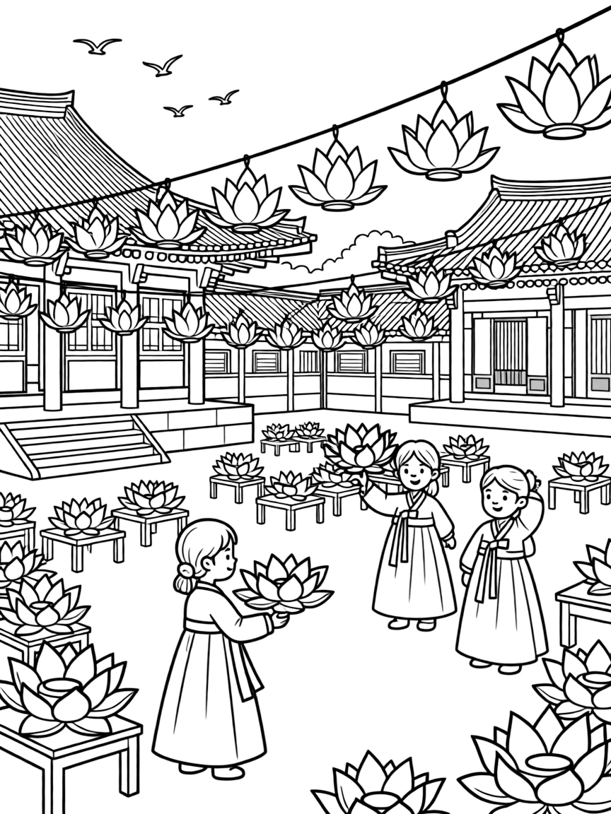 (South Korea) A temple courtyard filled with hundreds of glowing lotus lanterns for Buddha’s Birthday.