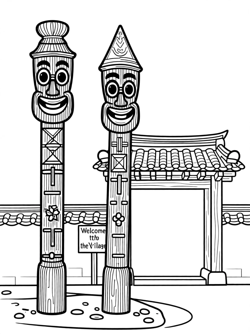 (South Korea) Tall wooden jangseung totem poles with funny carved faces standing at a village entrance.